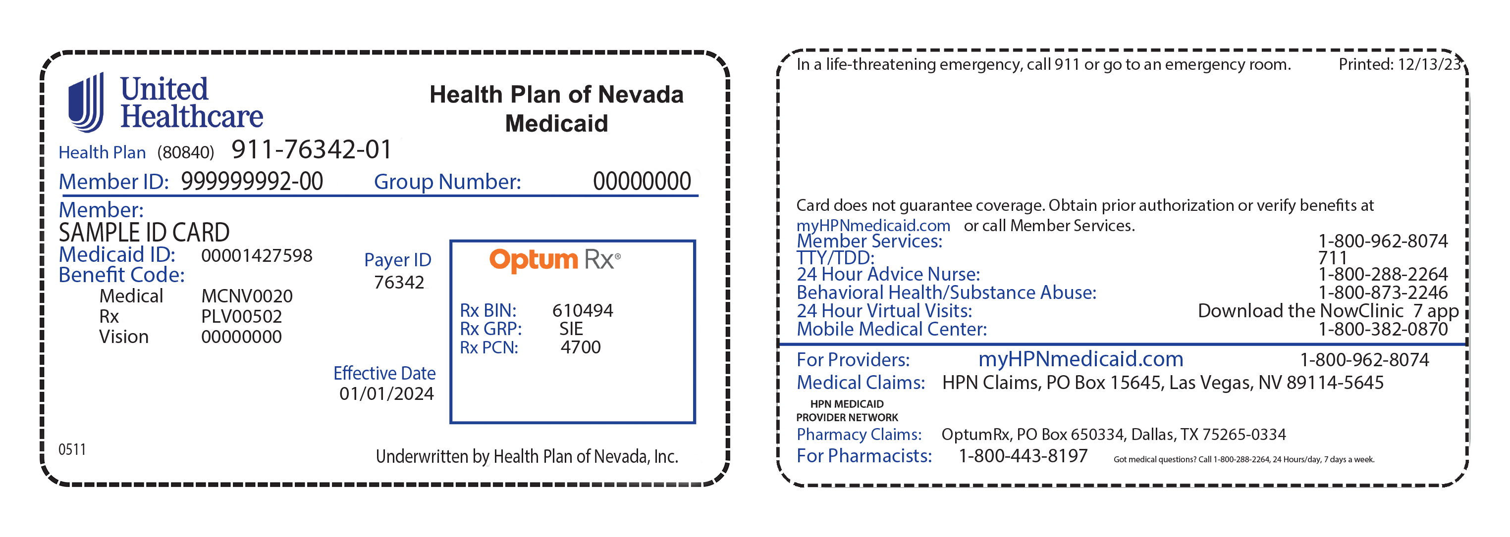 UnitedHealthcare Health Plan of Nevada Medicaid Health Plan ID card example